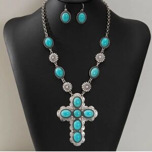 Turquoise & Silver Cross Pendant Necklace & Earring Set